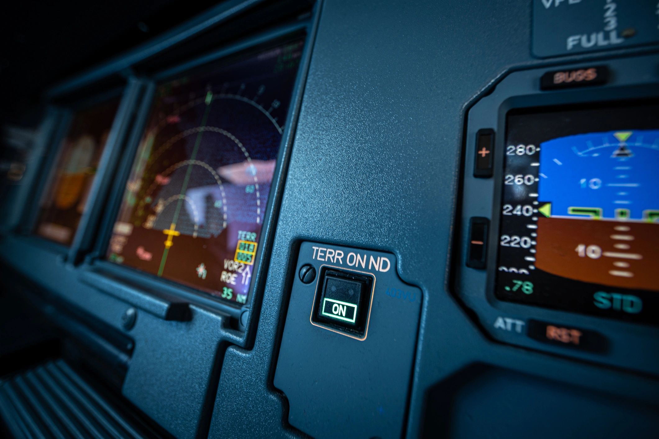 Airbus cockpit displays and controls inside a professional flight deck